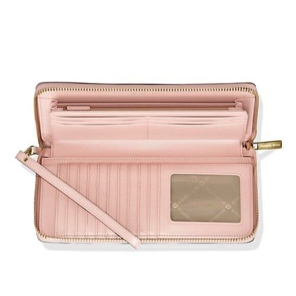 New Michael Kors Jet Set Large Travel Continental Wallet Logo Powder Blush - Picture 2 of 3